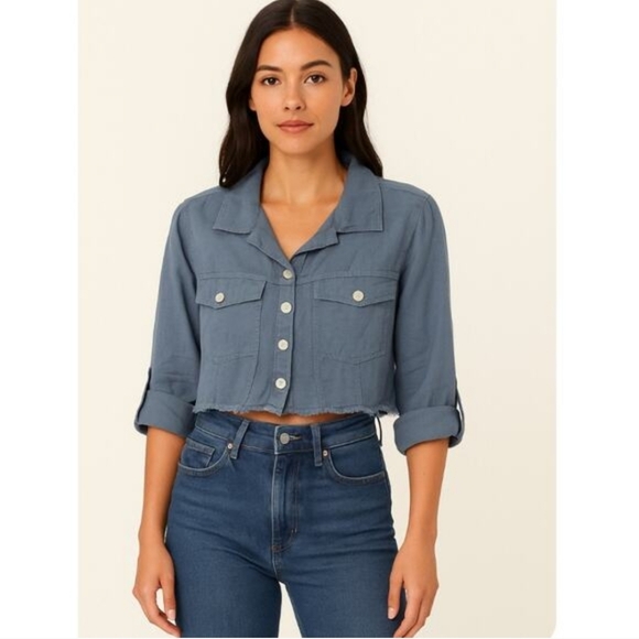 M Made In Italy Tops - Made in Italy 100% Raw Linen Cropped Button Shirt Blue Lightweight Boho Top S/M.